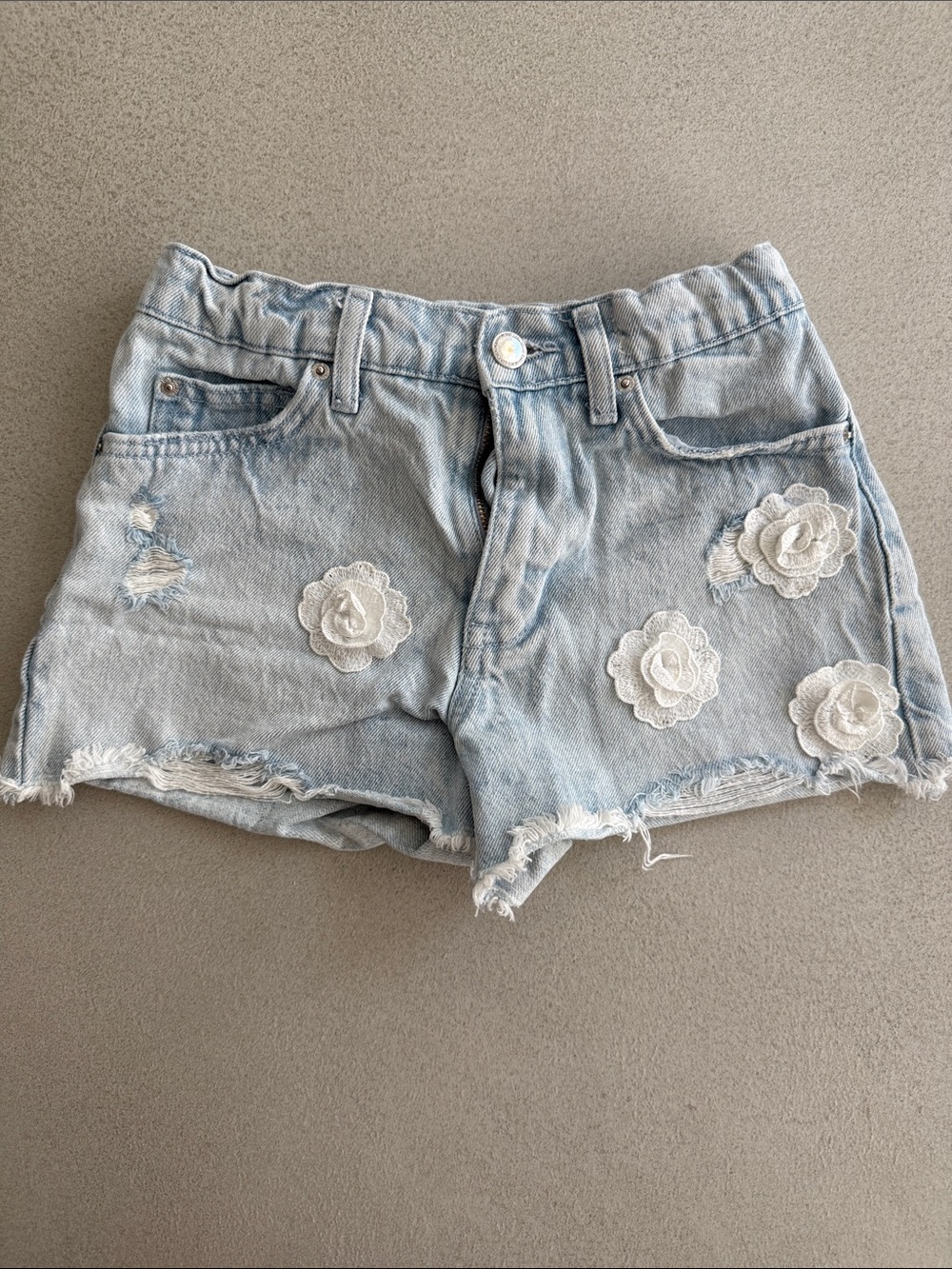 Zara Light Blue Denim Shorts with White Floral Appliqués
